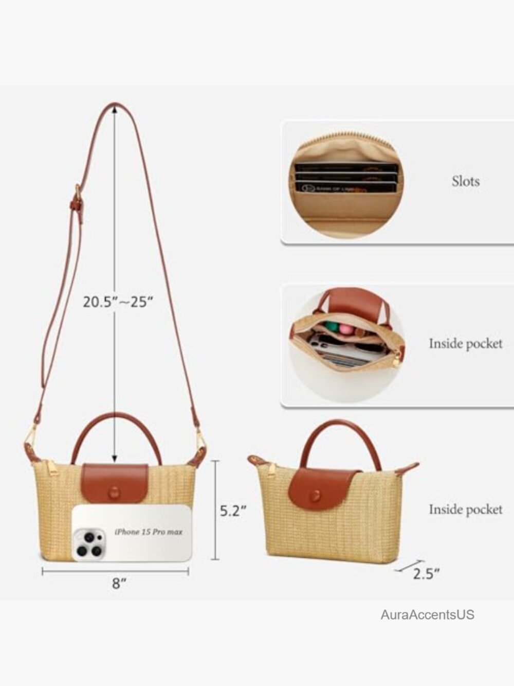 Mini Straw Crossbody Handbag Summer Beach Bag Woven Purse - Picture 3 of 7